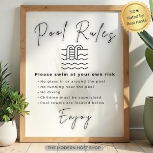 Puede incluir: Un letrero enmarcado con el texto Pool Rules y un icono de escalera de piscina. Enumera reglas de seguridad que incluyen no usar vidrio, no correr, no bucear, supervisión de niños y la ubicación de toallas, terminando con Enjoy.