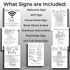 Pu&ograve; includere: Una collezione di cartelli informativi bianchi per propriet&agrave; in affitto con testo nero e accenti a pennellata. Il set include cartelli di benvenuto, Wi-Fi, regole della casa, prenotazione diretta, istruzioni di check-out, piscina e idromassaggio.