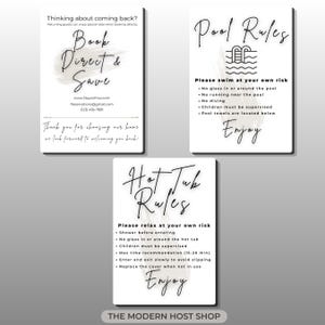 Pu&ograve; includere: Tre cartelli rettangolari bianchi con testo nero e accenti a pennellata. Un cartello recita Book Direct & Save, un altro Pool Rules con linee guida di sicurezza, e il terzo Hot Tub Rules con istruzioni per l'uso. Ogni cartello include Enjoy.