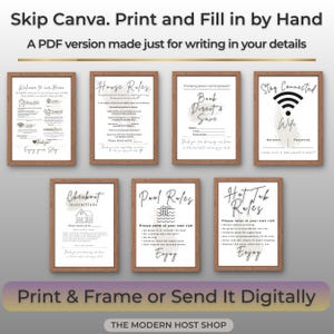 Pu&ograve; includere: Un set di sette cartelli PDF stampabili per host, con testo nero su sfondo bianco e cornici in legno. I cartelli includono Welcome to our Home, House Rules, Book Direct & Save, Stay Connected Wifi, Checkout Instructions, Pool Rules e Hot Tub Rules.