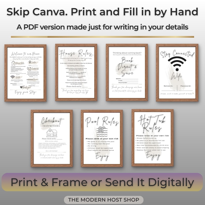 Pu&ograve; includere: Un set di sette cartelli PDF stampabili per host, con testo nero su sfondo bianco e cornici in legno. I cartelli includono Welcome to our Home, House Rules, Book Direct & Save, Stay Connected Wifi, Checkout Instructions, Pool Rules e Hot Tub Rules.