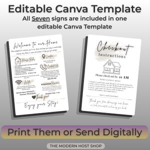 Pu&ograve; includere: Un modello Canva modificabile con sette cartelli per case vacanze. I cartelli includono Welcome to our Home con regole della casa, posizione, contatti, Wi-Fi e recensioni, oltre a un cartello Checkout Instructions con le istruzioni per la partenza.