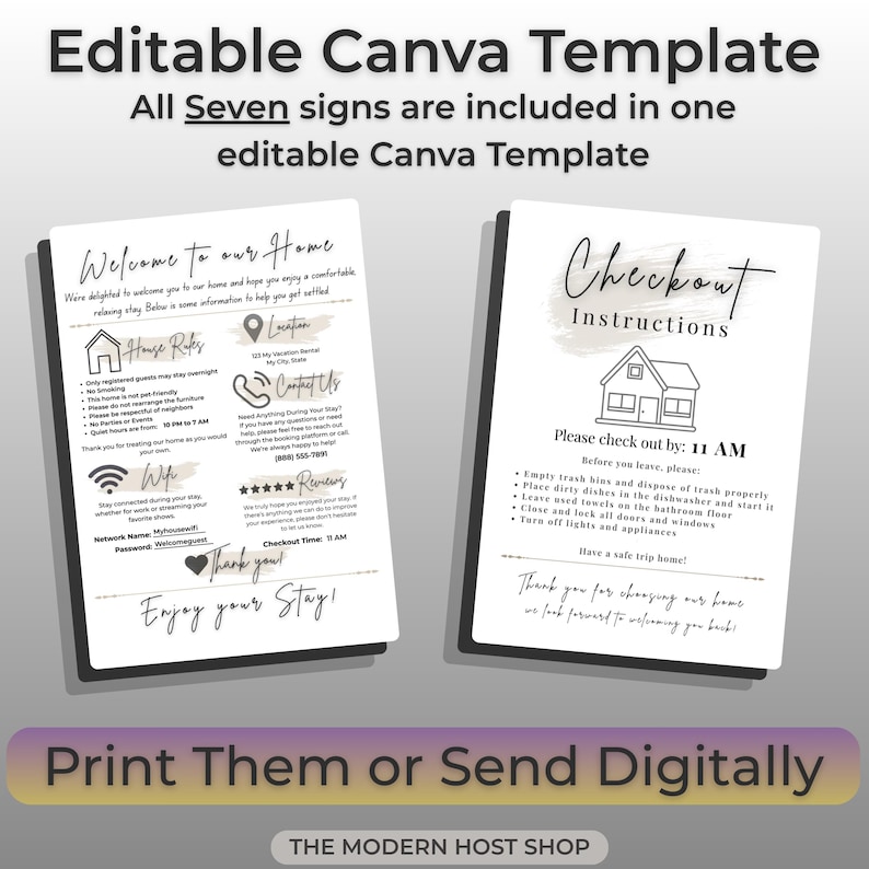 Pu&ograve; includere: Un modello Canva modificabile con sette cartelli per case vacanze. I cartelli includono Welcome to our Home con regole della casa, posizione, contatti, Wi-Fi e recensioni, oltre a un cartello Checkout Instructions con le istruzioni per la partenza.