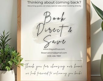 Book Direct Sign for Airbnb Hosts | Editable Canva Template | Vacation Rental Direct Booking Sign | VRBO Repeat Guests | Save on Fees