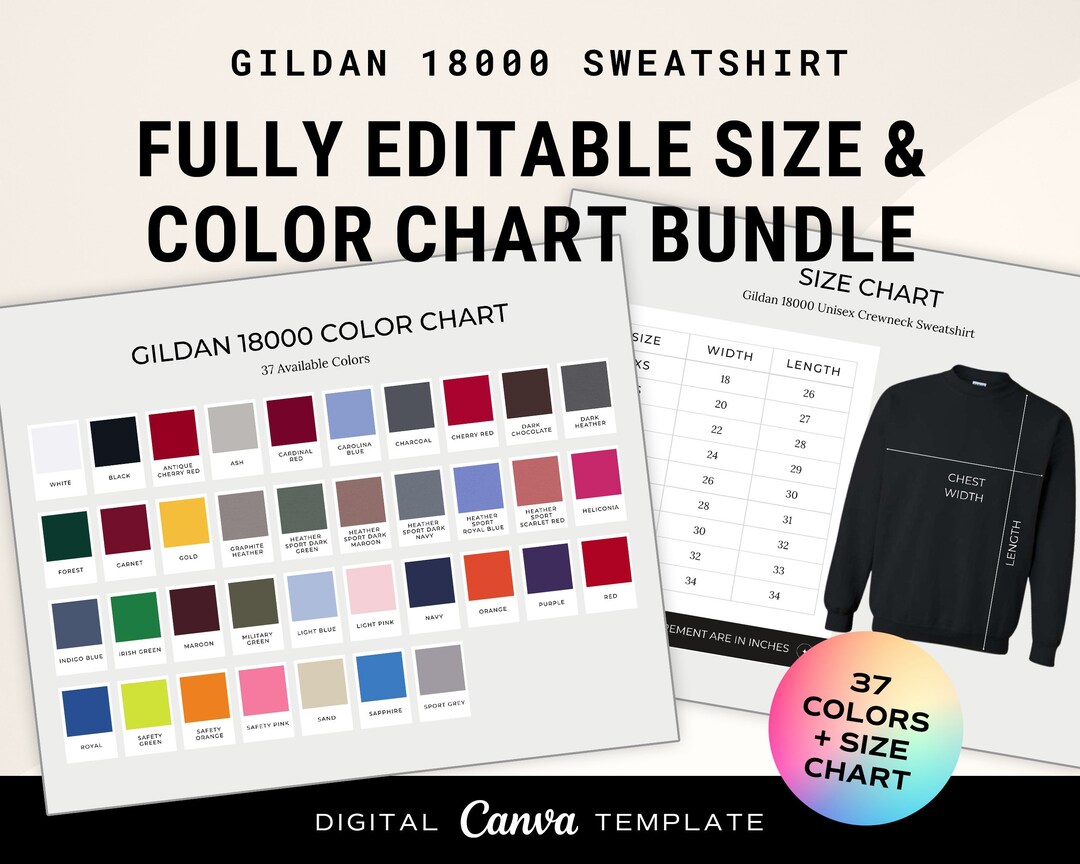 Editable Gildan 18000 Color Chart, Gildan 18000 Size Chart Bundle ...
