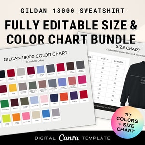 Carta de colores editable Gildan 18000, paquete de tablas de tallas Gildan 18000, carta de colores de camisetas impresas bajo demanda, plantilla Canva, todos los colores, Printify