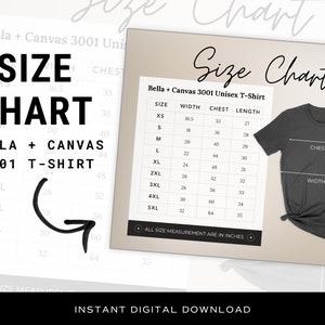 Size Chart, Bella Canvas 3001, Tshirt Measurements, 3001 Size Chart, Unisex Jersey T-shirt, Bella Canvas Size Chart, SKU SC012