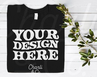 Bella Canvas 3001 Mockup Schwarz, Bella Canvas 3001 Mockup Schwarz, Schwarzes Shirt Mockup, Bella Canvas Mockup Flatlay