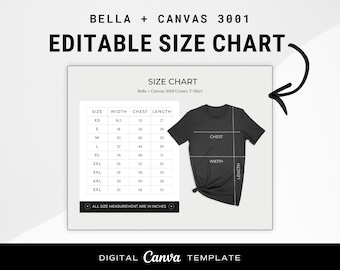 Bella Canvas 3001 Size Chart| Bella and Canvas 3001 Size Chart| Size Chart for Bella and Canvas 3001| Size Chart Mockup | Editable Template