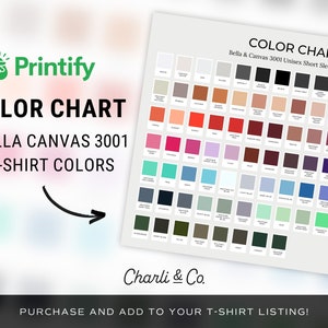Printify Bella Canvas 3001 Color Chart, Bella Canvas 3001 Printify Color Chart, Print on Demand Color Chart, Bella Canvas Color Chart