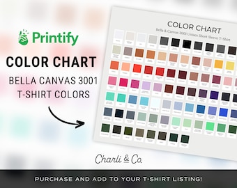 Printify Bella Canvas 3001 Color Chart, Bella Canvas 3001 Printify Color Chart, Print on Demand Color Chart, Bella Canvas Color Chart
