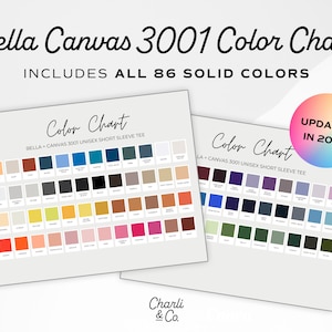 Carta de colores 2023 Bella Canvas 3001, carta de colores para colores de camiseta Bella Canvas 3001, carta de colores de camiseta impresa bajo demanda, todos los colores sólidos