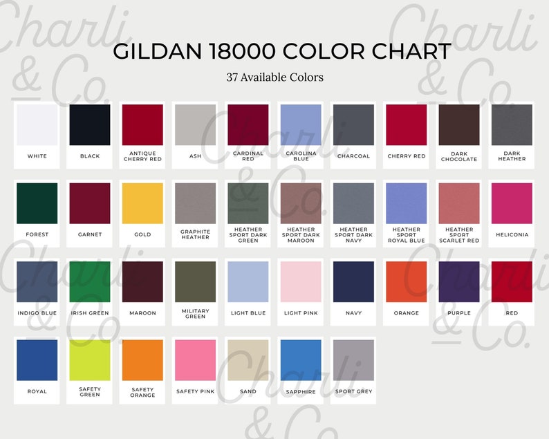 Editable Gildan 18000 Color Chart, Gildan 18000 Size Chart Bundle ...