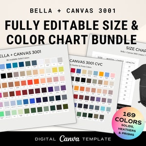 2023 Bella Canvas 3001 Solids + 3001 CVC Color Chart Bundle with Size Chart, Fully Editable Digital Canva Template, ALL 169 Colors