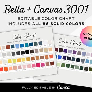 2023 Carta de colores EDITABLE Bella Canvas 3001, Carta de colores de camisetas editables, Plantilla Canva, Carta de impresión bajo demanda, TODOS los colores sólidos