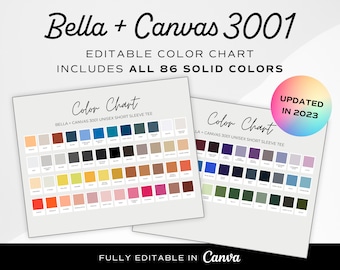 2023 EDITABLE Bella Canvas 3001 Color Chart, Editable T-Shirt Color Chart, Canva Template, Print on Demand Chart, ALL Solid Colors