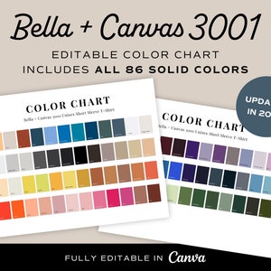 2023 Bella Canvas 3001 Color Chart, Color Chart for Bella Canvas 3001 T-Shirt Colors, Print on Demand T-Shirt Color Chart, All Solid Colors