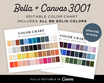 2023 Bella Canvas 3001 Color Chart, Color Chart for Bella Canvas 3001 T-Shirt Colors, Print on Demand T-Shirt Color Chart, All Solid Colors