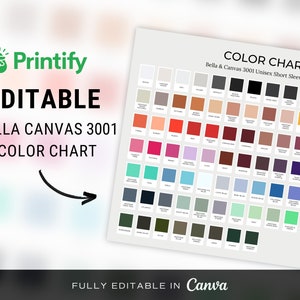 2024 Printify Bella Canvas 3001 Carta de colores, Bella Canvas 3001 totalmente editable Imprimir carta de colores Descargar, Descarga digital de Canva editable