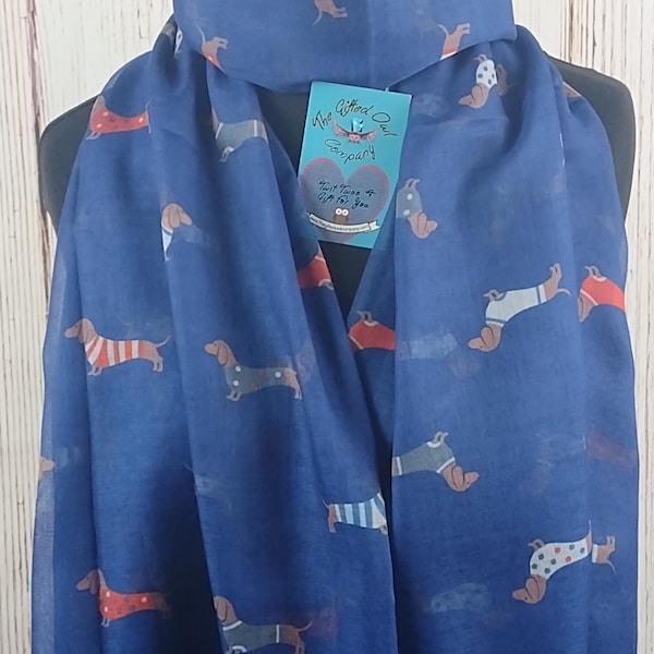 Dachshund Dog Scarf Navy Blue Sausage Dog Print Oversized Shawl