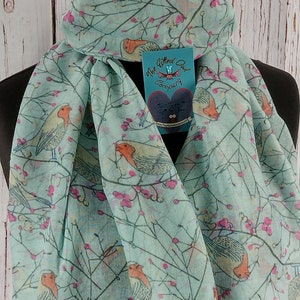 Women's Woodland Robin Bird And Berries Scarf Aqua Gift Wrap / Gift Box Personalised Handwritten Gift Card Option Letter Box Delivery