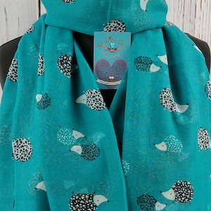 Women's Scandi Hedgehog Scarf Turquoise Or Mustard Gift Wrap /Gift Box Personalised Handwritten Gift Card Letter Box Delivery