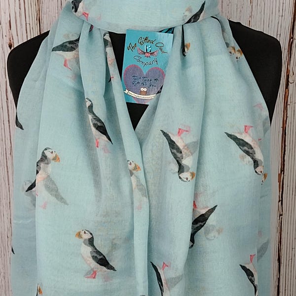 Puffin Bird Scarf Sky Blue British Bird Shawl Wrap