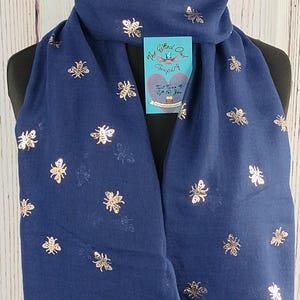 Navy Blue Queen Bee Scarf: Gold Foil Cotton Blend