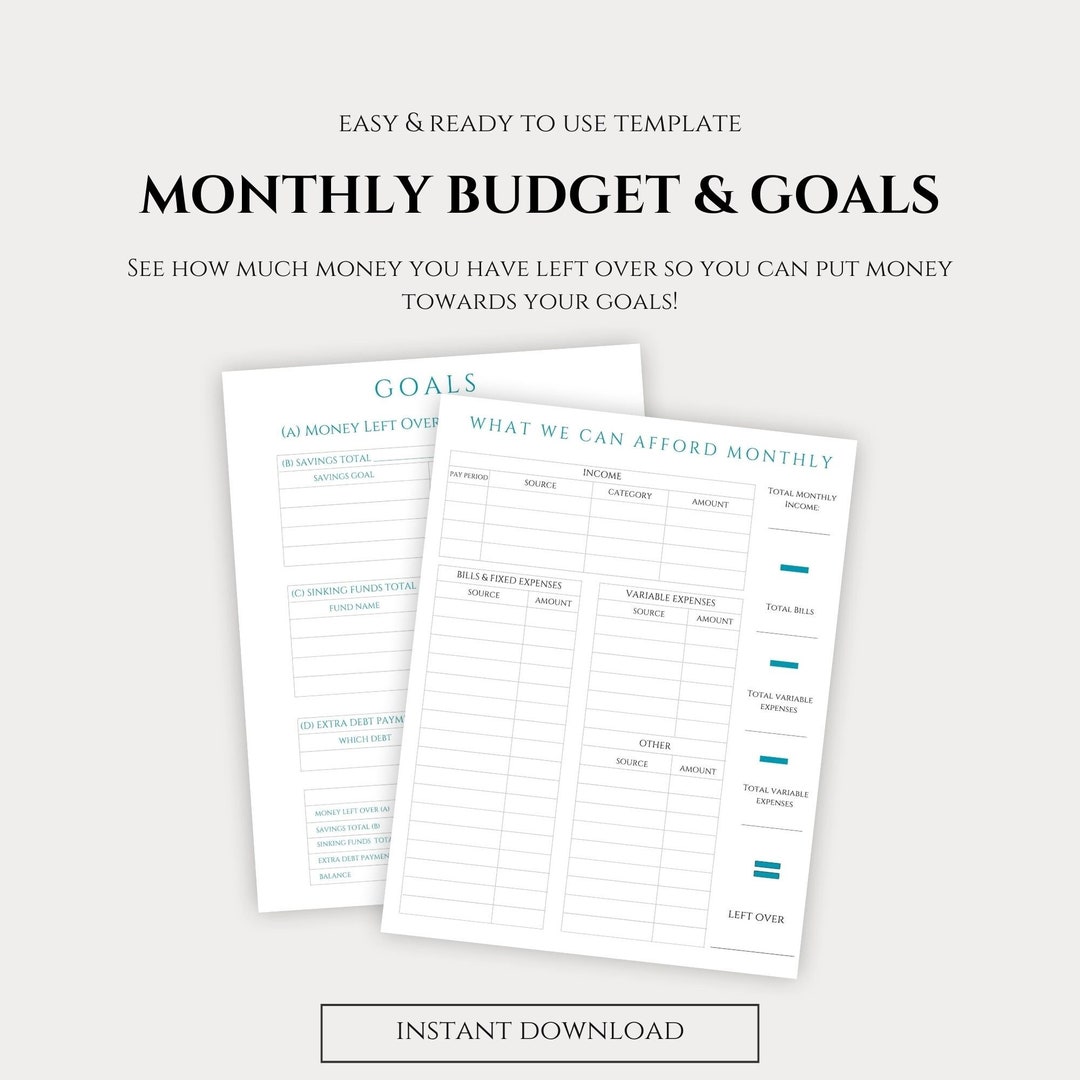Monthly Budget &amp; Goal Setting Printable Worksheet, Set Financial Goals ...
