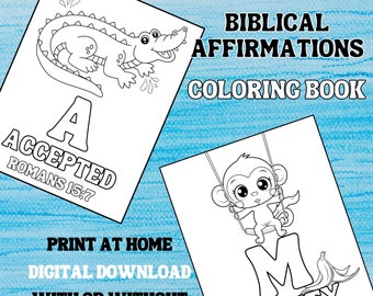 May include: Black and white coloring book pages featuring an alligator and a monkey. The pages include the words "Accepted" and "Mighty" with corresponding Bible verses.  Print at home digital download with or without verses written on the page.
