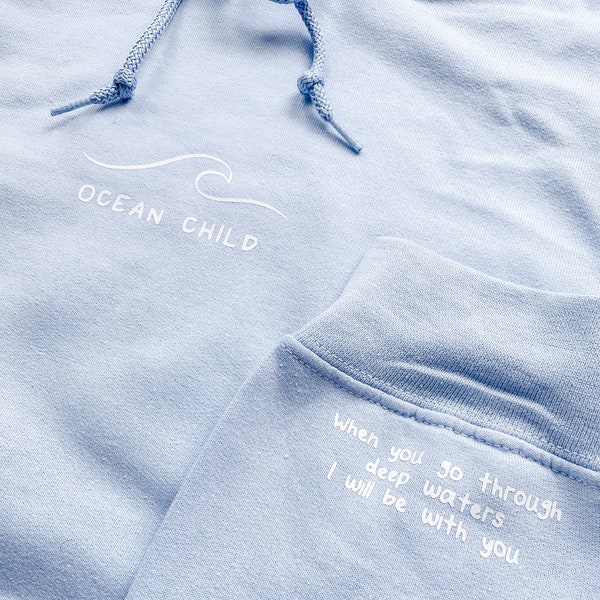 Ocean Child Hoodie Soft Beach Babe Clothing Simple Wave Bible Verse Unisex Sweatshirt Christian Clothing Hand Designed Gift for Beach Bum