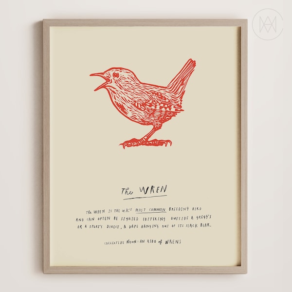 Wren, Nature Wall Print, Lino print, Handwritten, Digital Download, Colourful, Downloadable, Humorous, Bird Prints