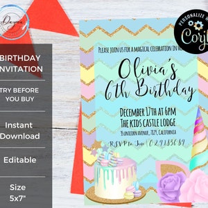 Editable Girl Birthday Invitation Template | Unicorn Rainbow Kids Party Invite Printable | DIY Instant Digital Download | Personalized Card
