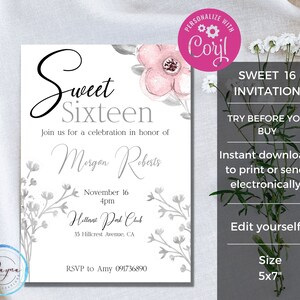 Editable Sweet Sixteen Invitation Template | Pastel 16th Birthday Party Invite Printable | DIY Corjl Instant Digital Download