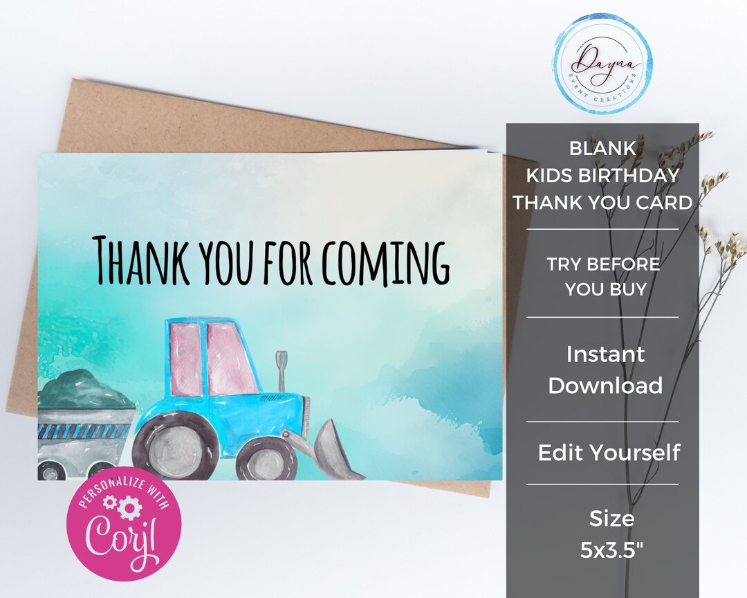 Editable Kids Birthday Thank You Card Template | Boy Party Thank You ...