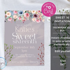 Editable Floral Sweet Sixteen Invitation Template | 16th Birthday Party Invite Printable | DIY Corjl Instant Digital Download