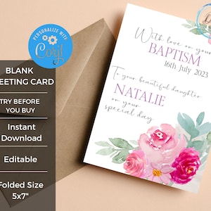 Bearbeitbare Taufe Grußkarte Printable | Aquarell Rosa Blumen DIY Taufkarte | Personalisierte Sofort Download Vorlage