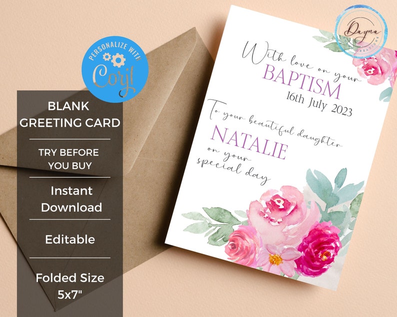 Editable Baptism Greeting Card Printable Watercolor Pink - Etsy