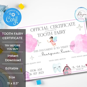 Editable Kid Tooth Fairy Certificate Template | Pink Lost Tooth Printable | DIY Corjl Girl Instant Digital Download | Personalized