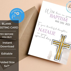 Bearbeitbare Mädchen Taufe Grußkarte Printable Mit Kreuz | DIY Taufkarte Blanko Geschenk | Personalisierte Sofortige Digitale Download Vorlage