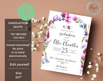 EDITABLE Graduation Party Invitation Template | High School - College Graduation Invite Printable | Customizable Floral Digital Download