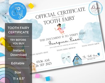 Editable Kid Tooth Fairy Certificate Template | Baby Blue Lost Tooth Printable | DIY Corjl Instant Digital Download | Personalized Memory