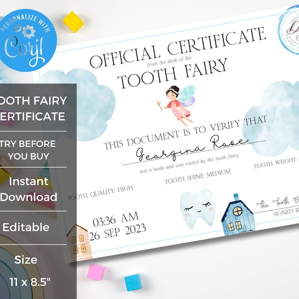 Editable Kid Tooth Fairy Certificate Template | Baby Blue Lost Tooth Printable | DIY Corjl Instant Digital Download | Personalized Memory