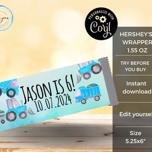 Editable Hershey Chocolate Candy Bar Wrapper Template | Personalized Boy Birthday Party Favor Printable | DIY Corjl Instant Digital Download