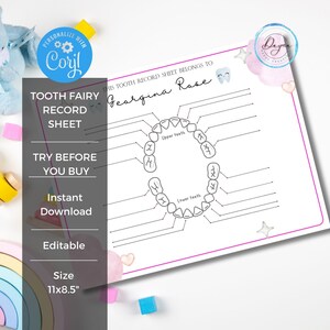 Plantilla editable de hoja de registro de dientes perdidos para niños / Hada de los dientes rosas imprimible / DIY Corjl Descarga digital instantánea / Gráfico personalizado