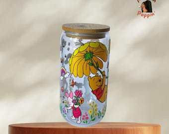 Winnie The Pooh Iced Coffee Glass Cup: Handmade Spring Gift (16oz)