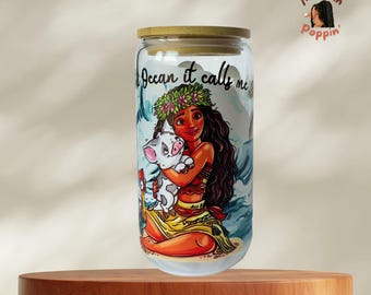 Moana Glass Cup: 16oz Beer Can Style with Bamboo Lid