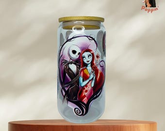 Halloween Jack y Sally, vaso de lata de cerveza con tapa y pajita