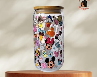 Mickey and Minnie Glass Cup, Snacks Design, Bamboo Lid (16oz)