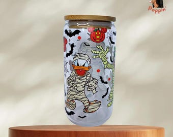 Tasse en verre d'Halloween Mickey Mouse avec couvercle en bambou | Maman Donald Duck